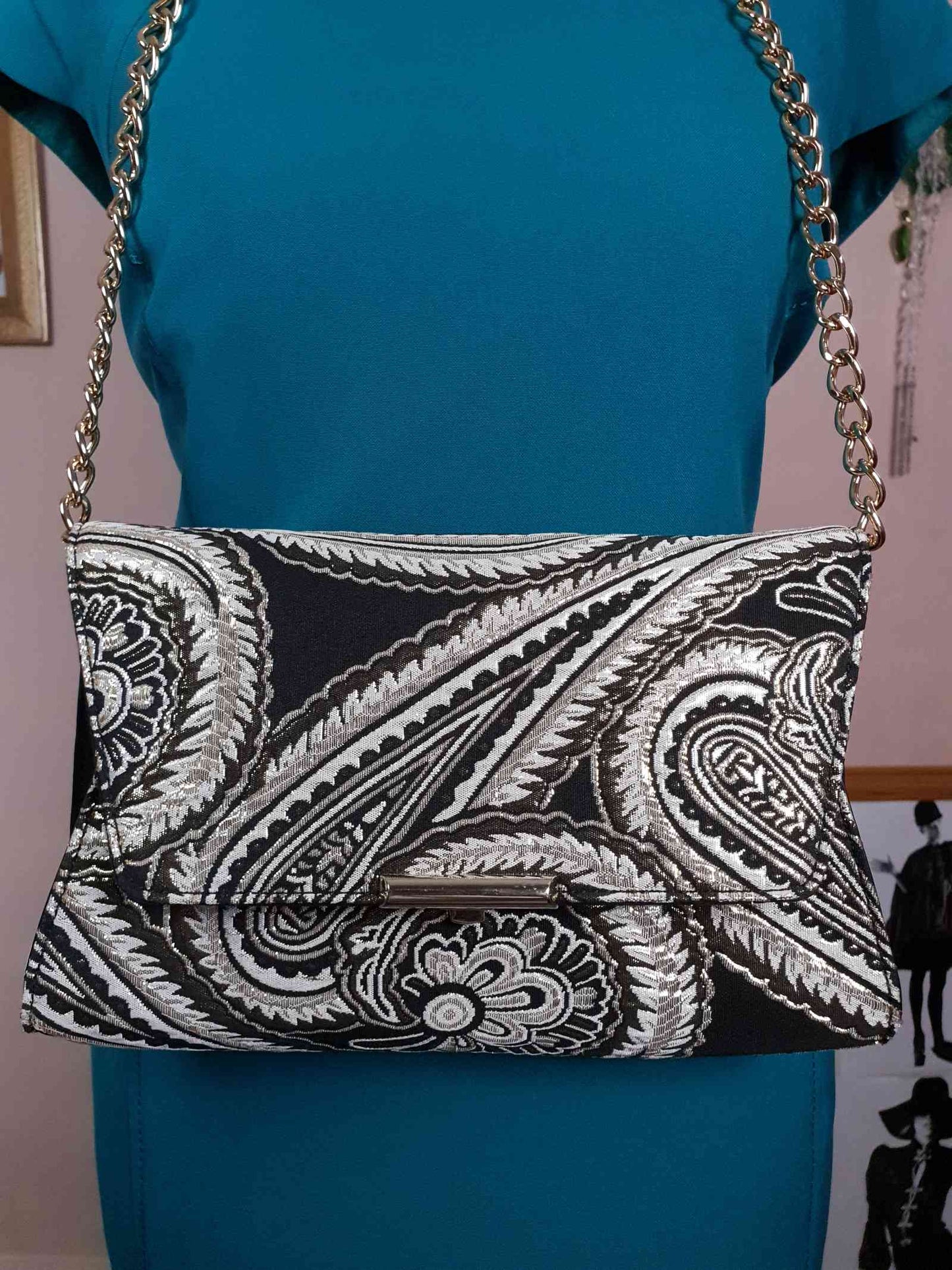 Vintage 1980s Paisley Handbag Chain Shoulder Bag Retro Glamour