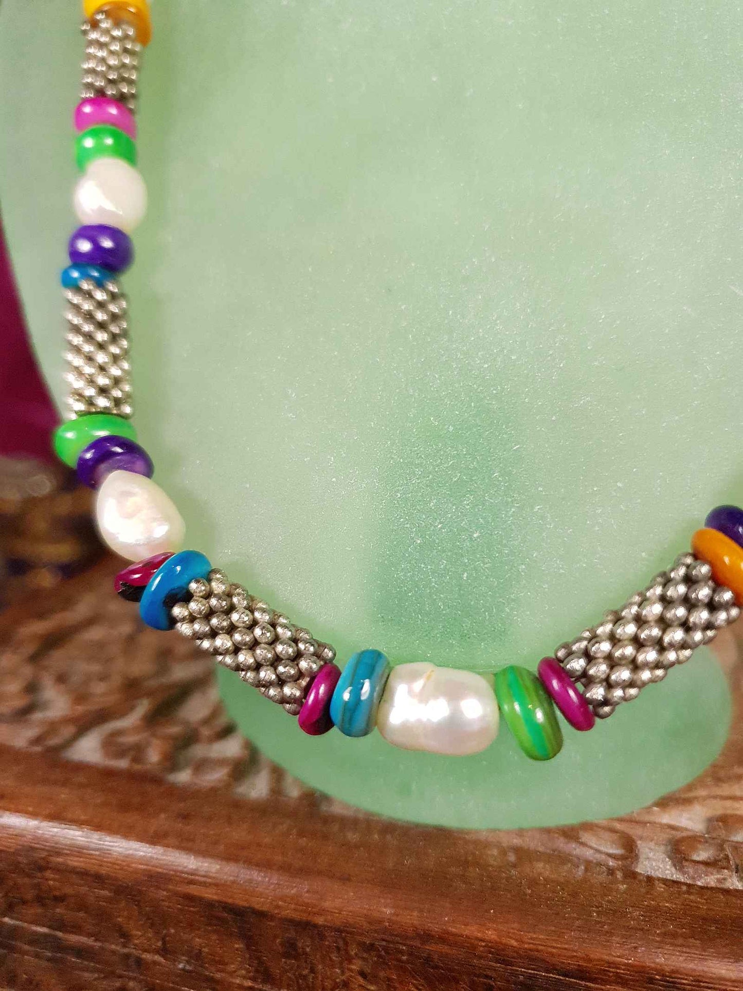 Vintage 1980s Freshwater Pearl Boho Necklace 18.5" Multi Coloured Bead Bohemian
