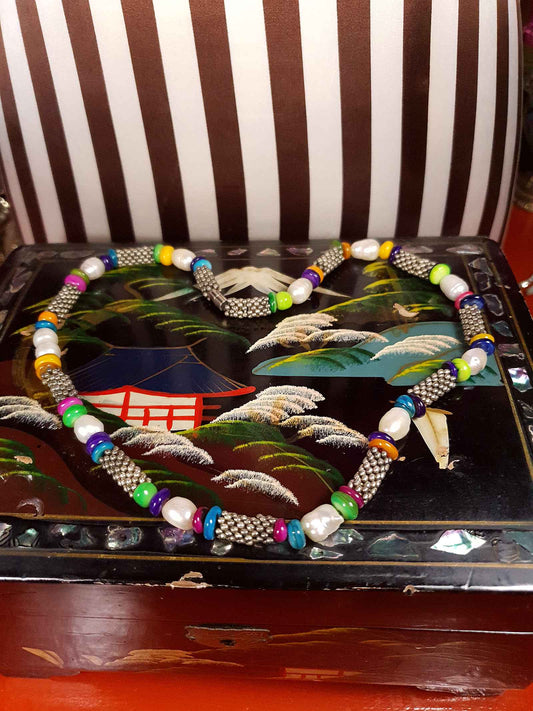 Vintage 1980s Freshwater Pearl Boho Necklace 18.5" Multi Coloured Bead Bohemian