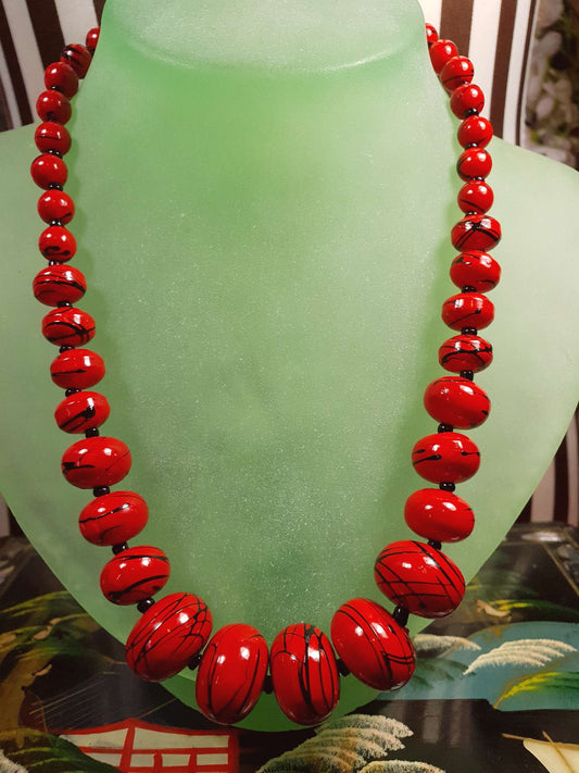 Vintage 1980s Red Bead Necklace 17" Hand Painted Abstract