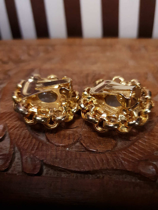 Vintage 1980s Round Clip On Earrings Sparkle Glass Gold Tone Cabochon Retro