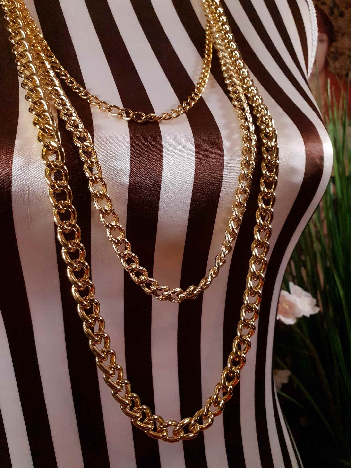 Vintage Gold Tone Chain Statement Necklace 1980s Curb Link Three Tier