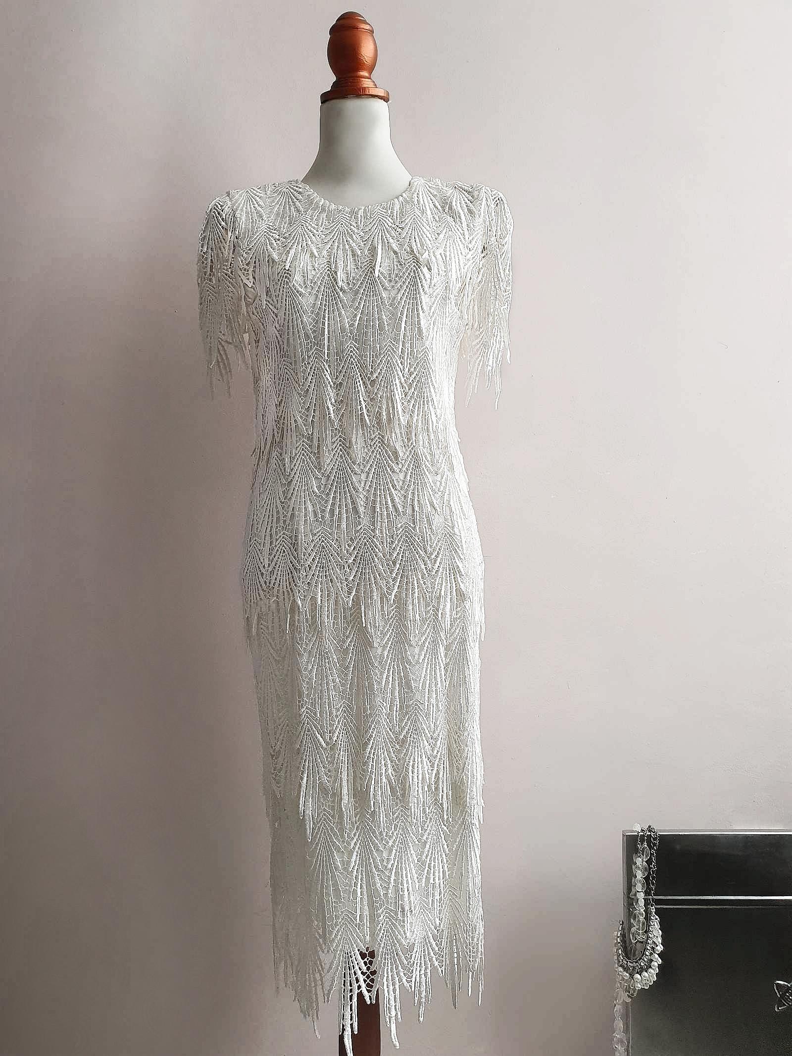Vintage 1980s White Cocktail Dress Lace Party Evening Midi Wedding