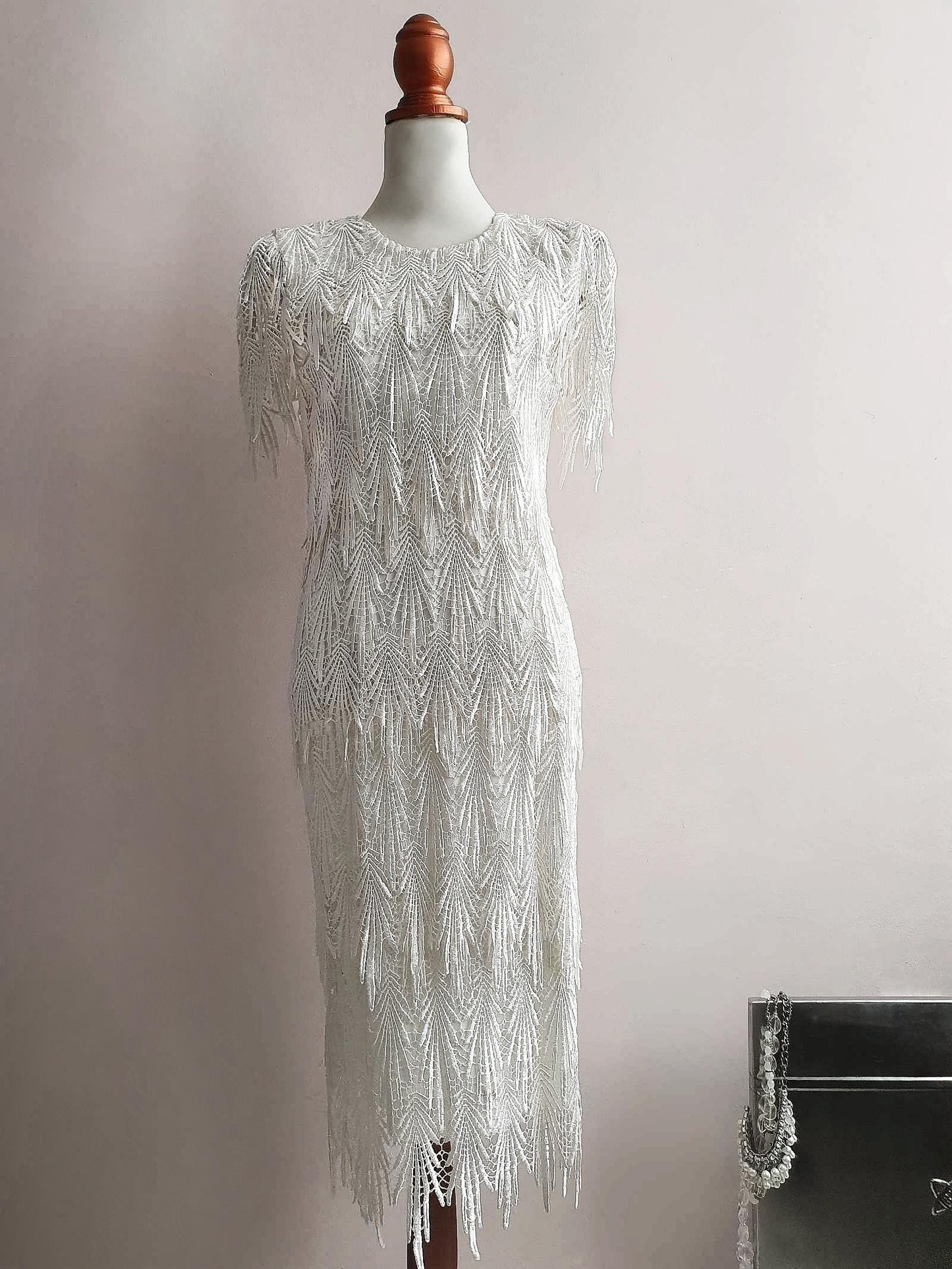 Vintage 1980s White Cocktail Dress Lace Party Evening Midi Wedding - Size 12
