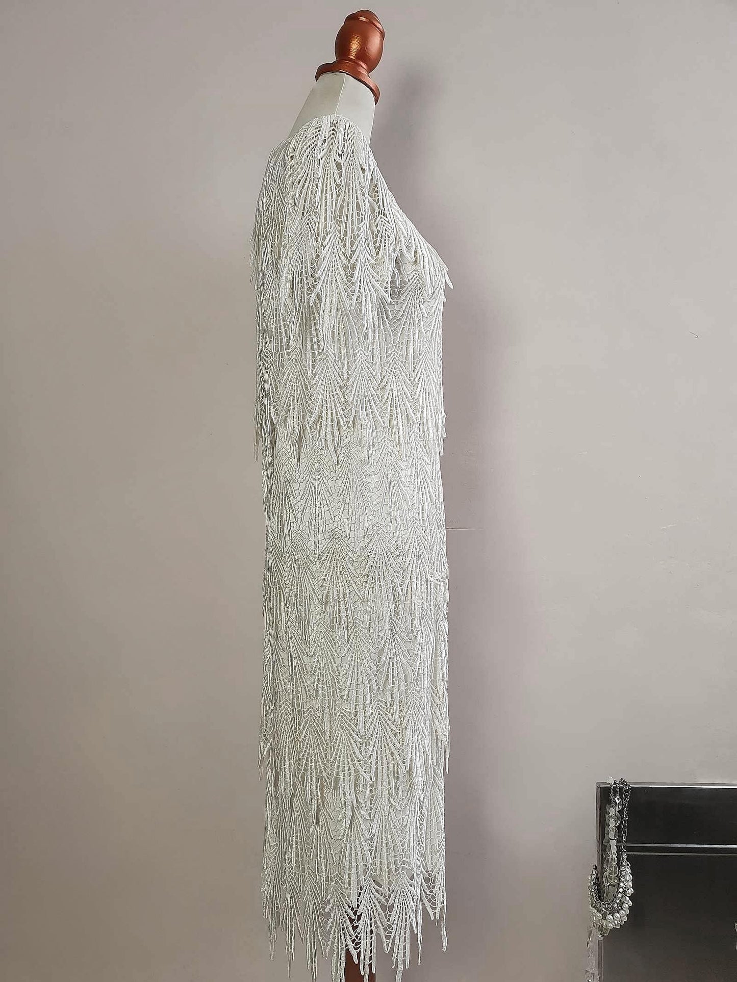 Vintage 1980s White Cocktail Dress Lace Party Evening Midi Wedding - Size 12
