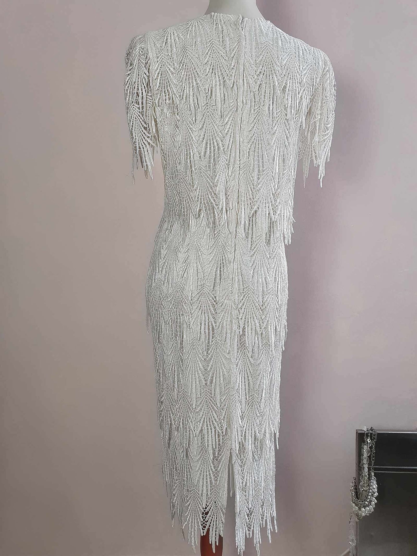 Vintage 1980s White Cocktail Dress Lace Party Evening Midi Wedding - Size 12