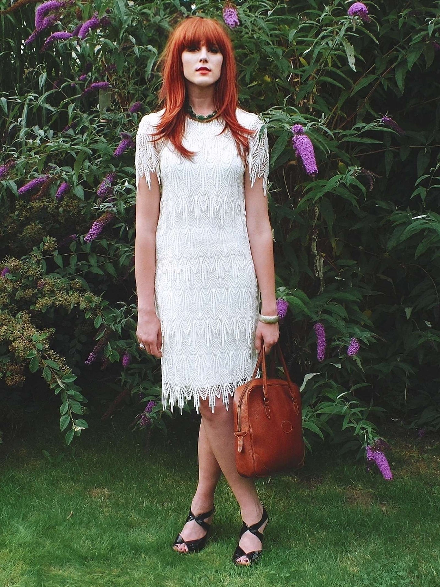 Vintage 1980s White Cocktail Dress Lace Party Evening Midi Wedding - Size 12