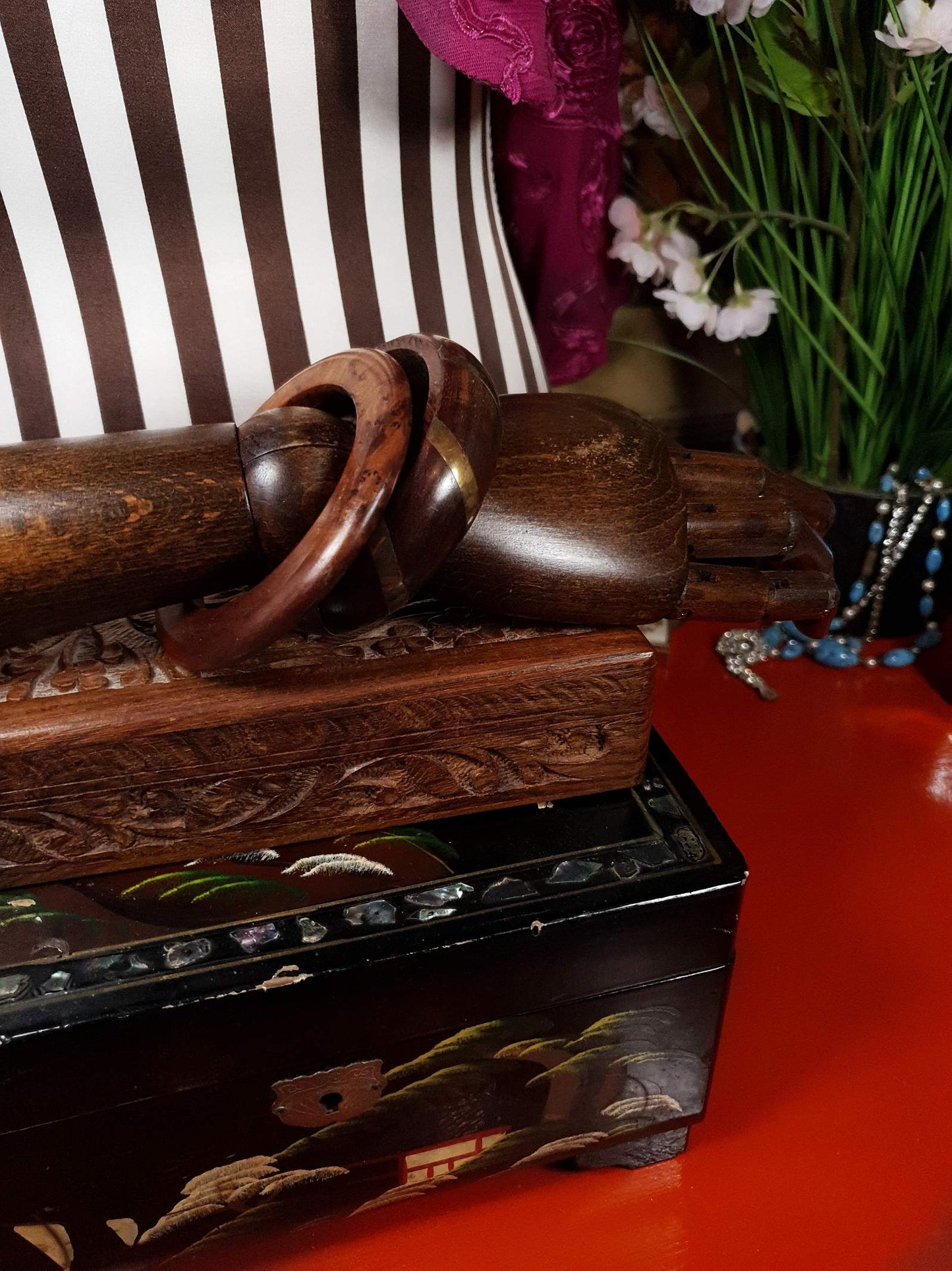 Vintage 1980s Wooden Boho Bangles Bracelet Set Treen Burr Wood Brass Bohemian