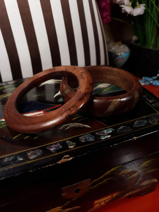 Vintage 1980s Wooden Boho Bangles Bracelet Set Treen Burr Wood Brass Bohemian