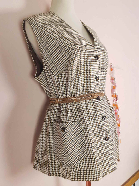 1980s Vintage Wool Brown Waistcoat Check Vest Houndstooth Ladies