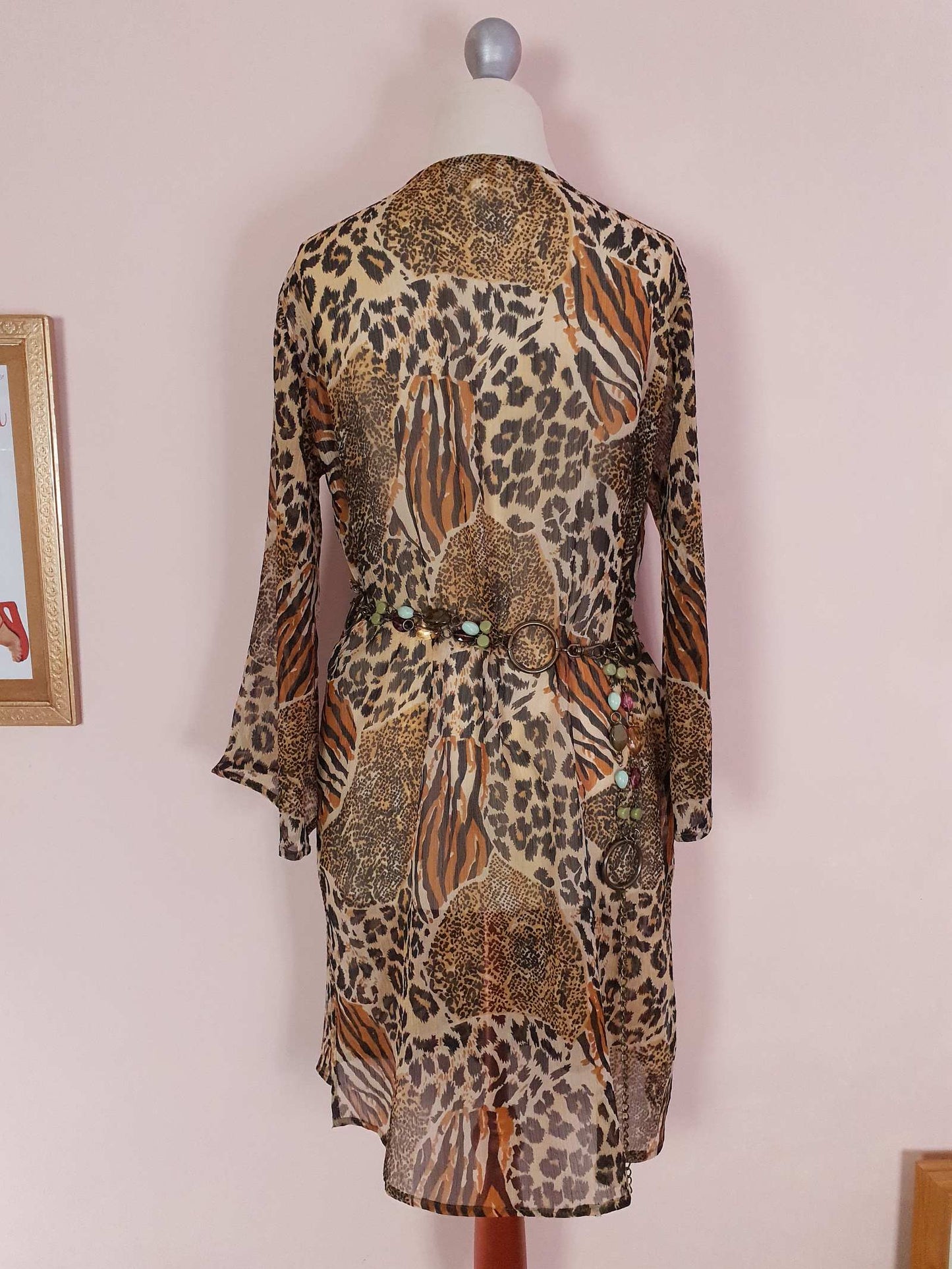 Vintage 1980s Animal Print Kaftan Retro Chiffon Bohemian Beaded Caftan