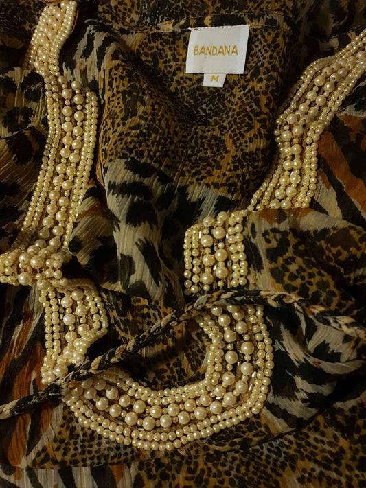 Vintage 1980s Animal Print Kaftan Retro Chiffon Bohemian Beaded Caftan