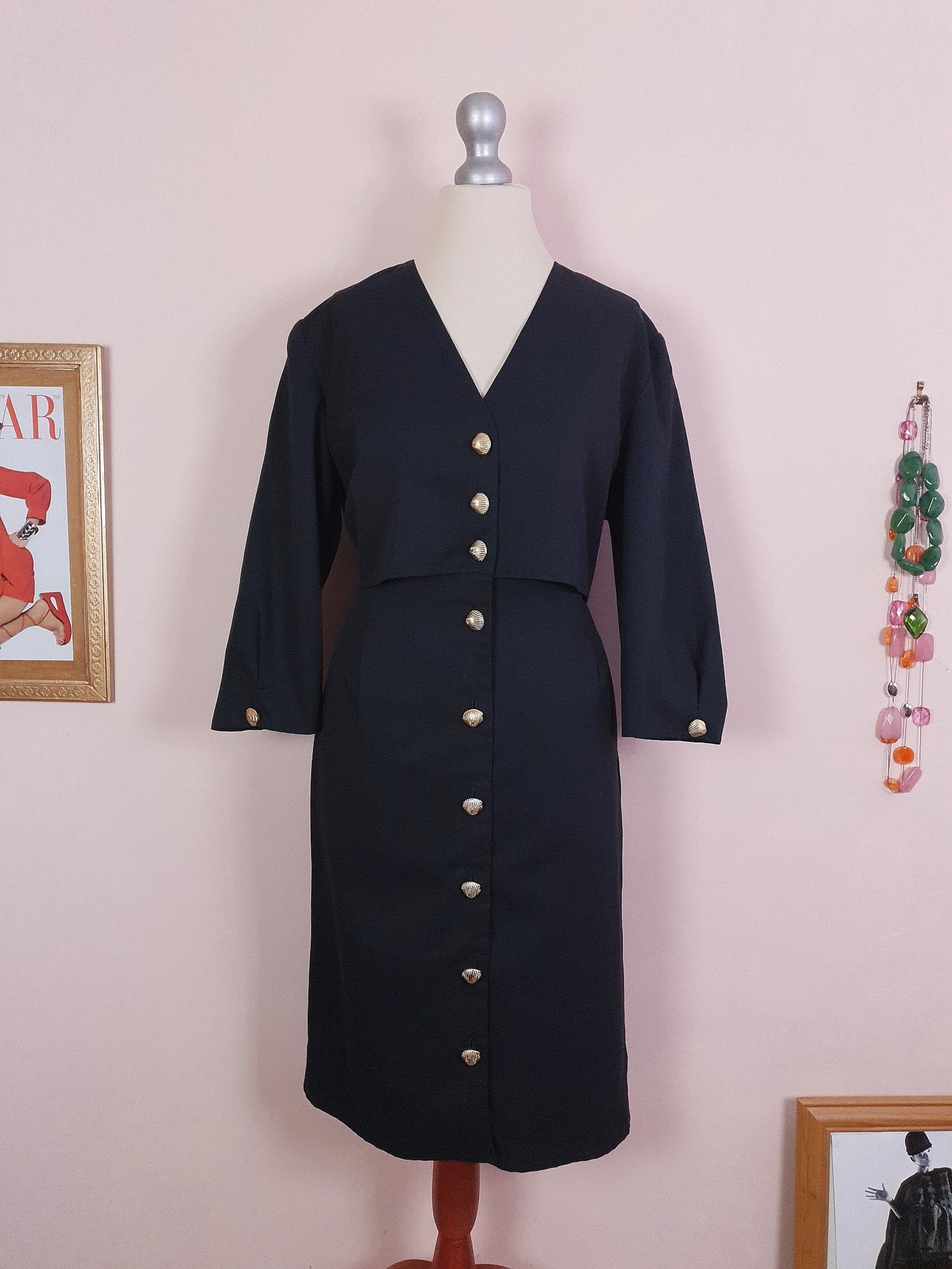 Vintage 1980s Black Dress Midi Gold Shells Retro - Size 12