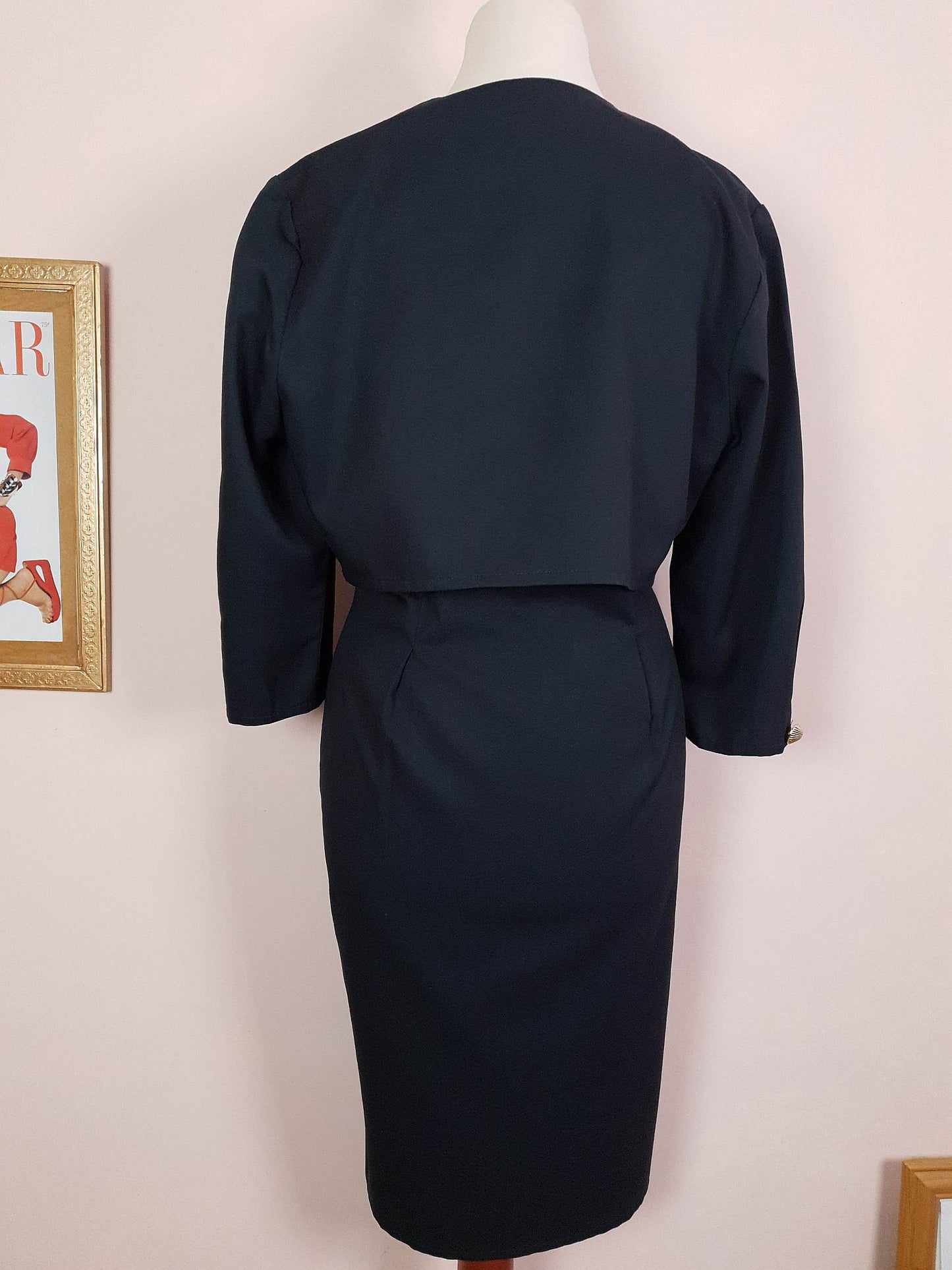 Vintage 1980s Black Dress Midi Gold Shells Retro - Size 12