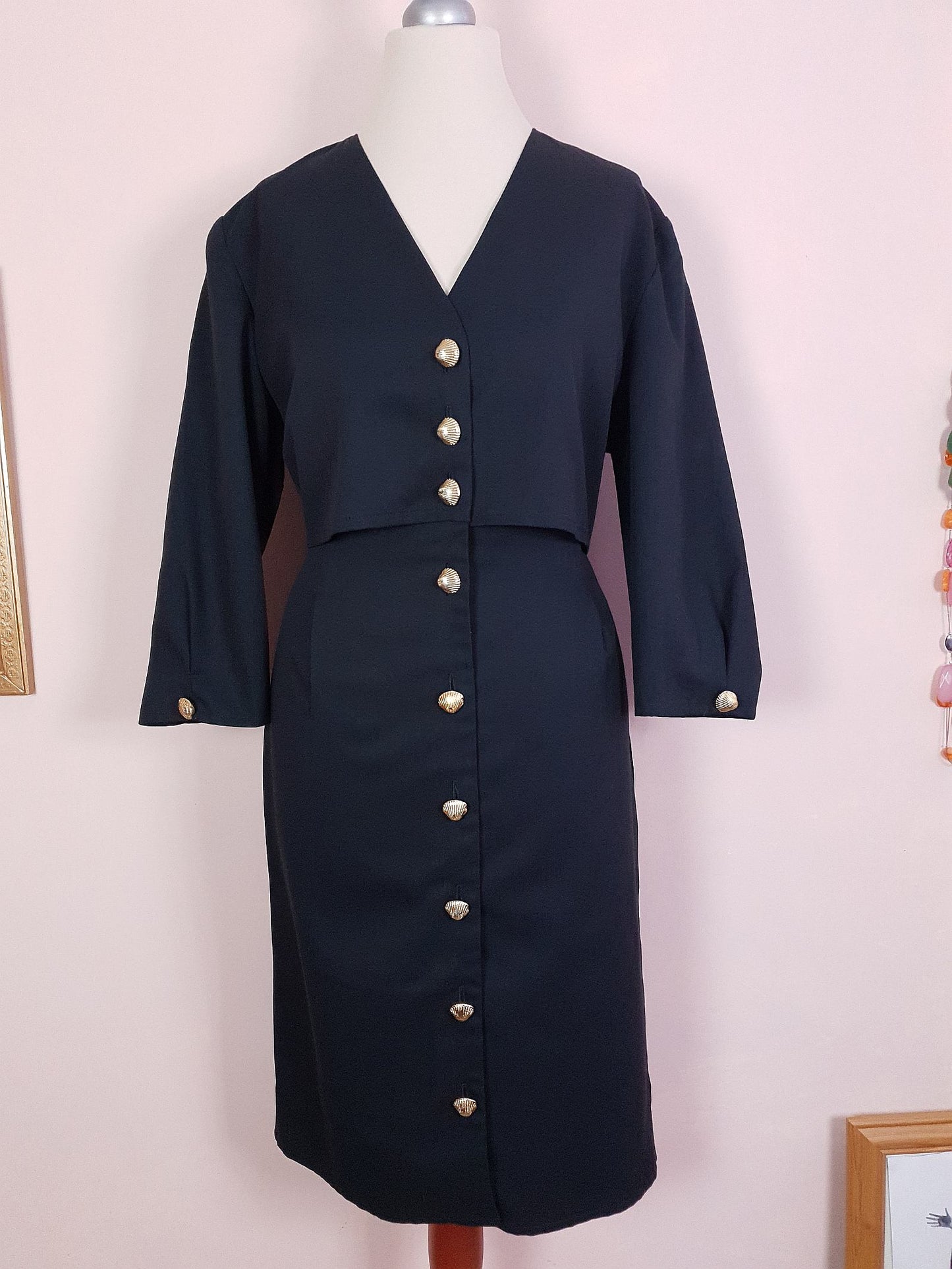 Vintage 1980s Black Dress Midi Gold Shells Retro - Size 12