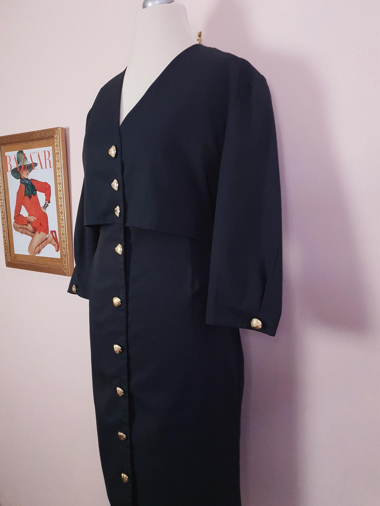Vintage 1980s Black Dress Midi Gold Shells Retro - Size 12