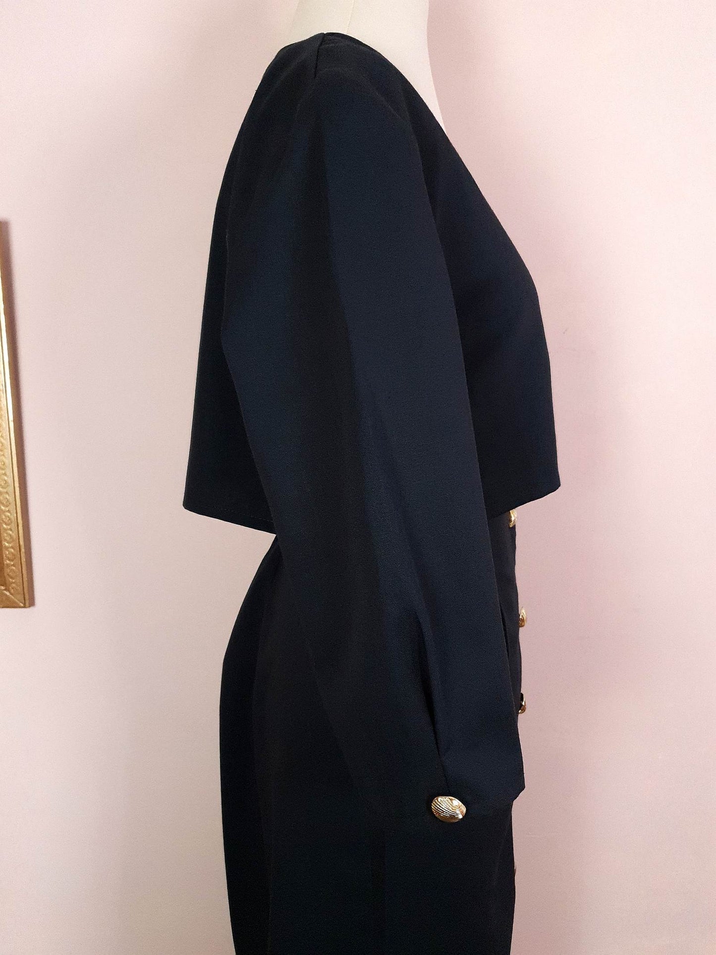 Vintage 1980s Black Dress Midi Gold Shells Retro - Size 12