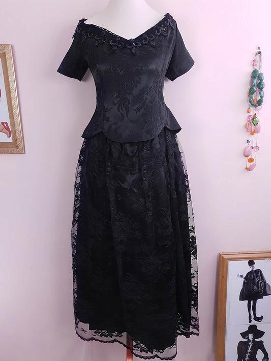 Vintage Black Evening Dress 1980s Scott McClintock Lace Sequins - Size 14 Party LBD Cocktail