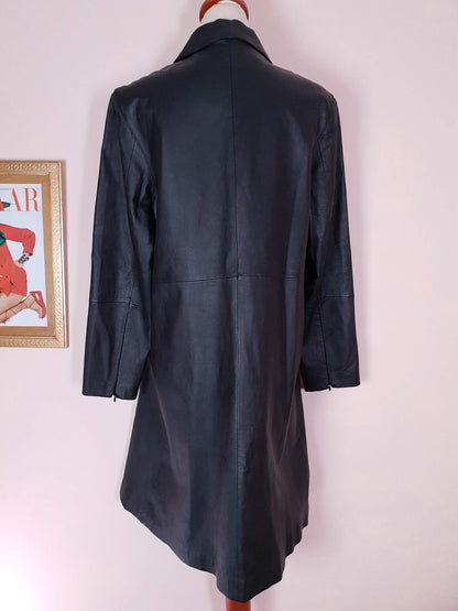 Vintage 1980s Black Leather Trench Coat Size 14