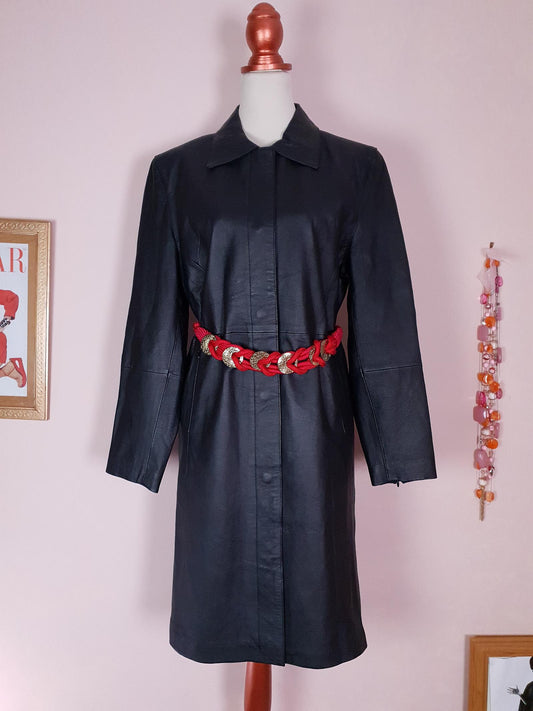 Vintage 1980s Black Leather Trench Coat Size 14