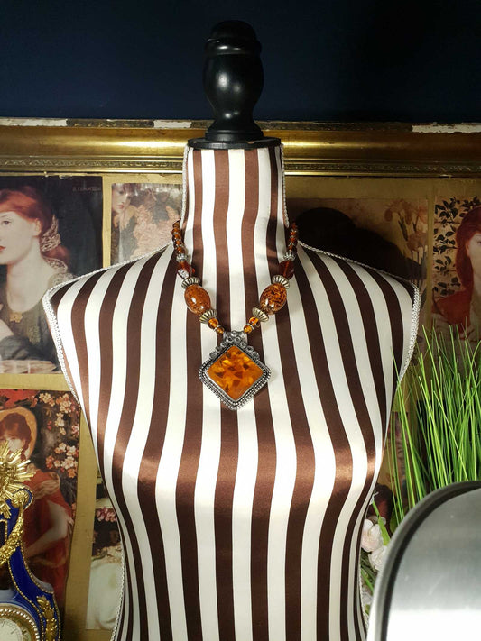 Vintage 1980s Bohemian Statement Necklace Amber Coloured Pendant Boho