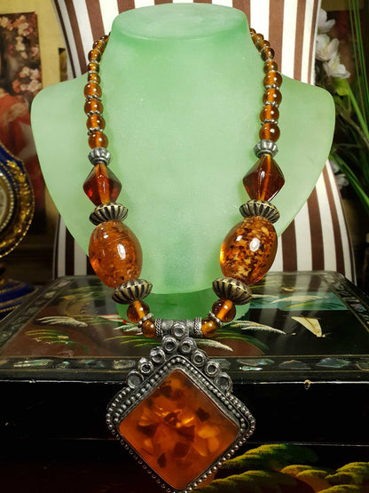 Vintage 1980s Bohemian Statement Necklace Amber Coloured Pendant Boho