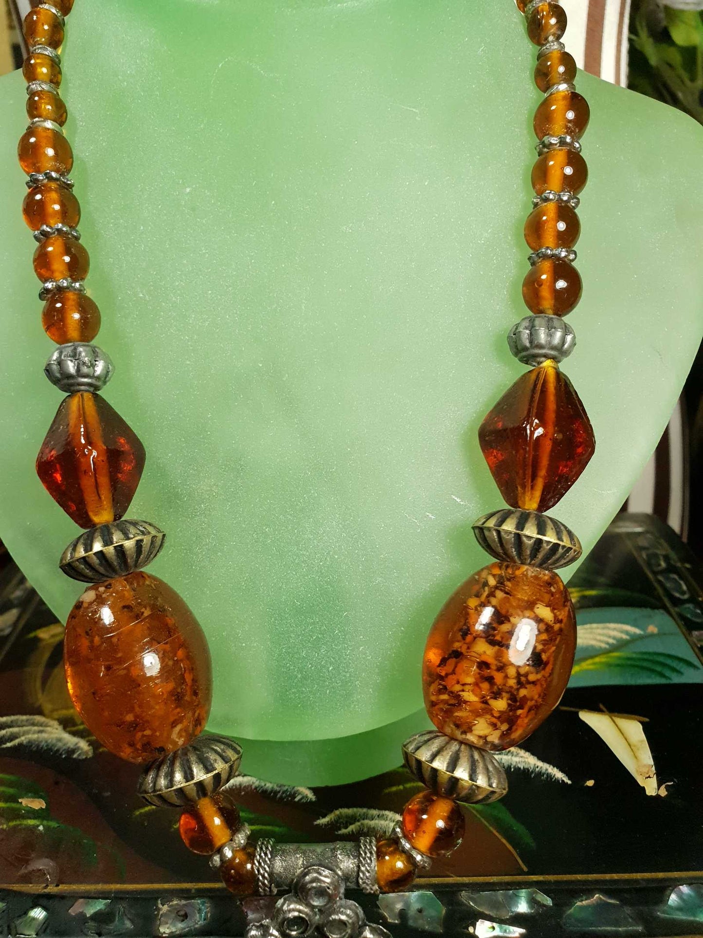 Vintage 1980s Bohemian Statement Necklace Amber Coloured Pendant Boho