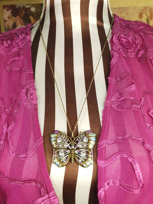 Vintage 1980s Brass Butterfly Necklace Pendant Rhinestone AB