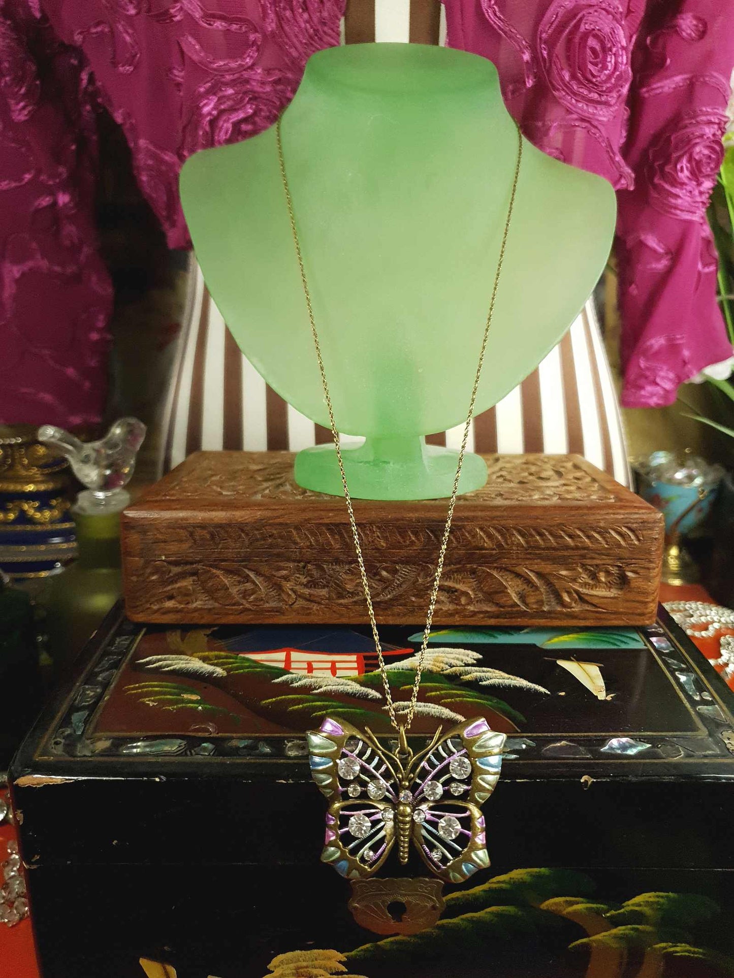 Vintage 1980s Brass Butterfly Necklace Pendant Rhinestone AB