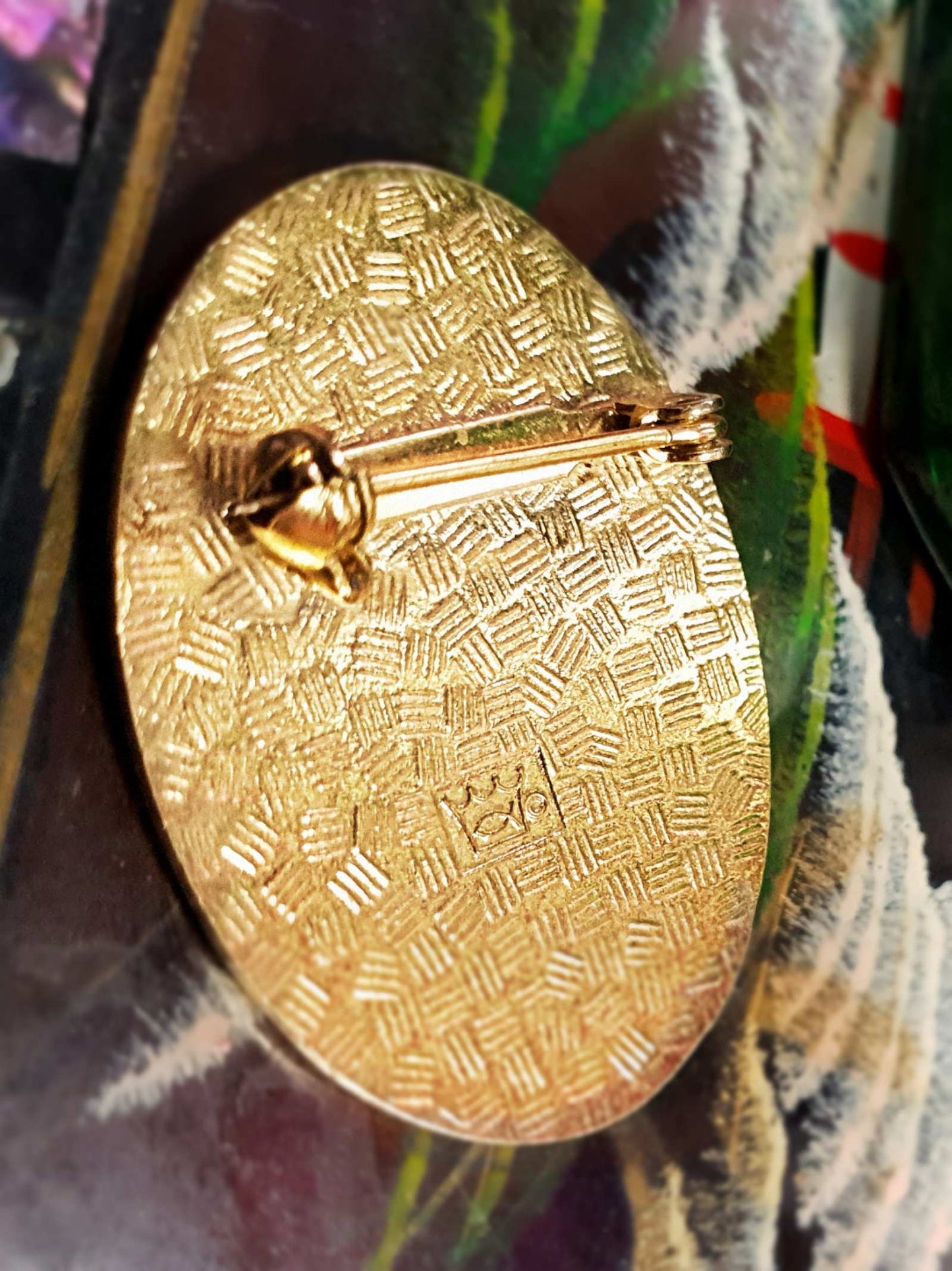 Vintage 1980s Cloisonne Iris Brooch Pin Oval Flower Enamel Fish & Crown Signed