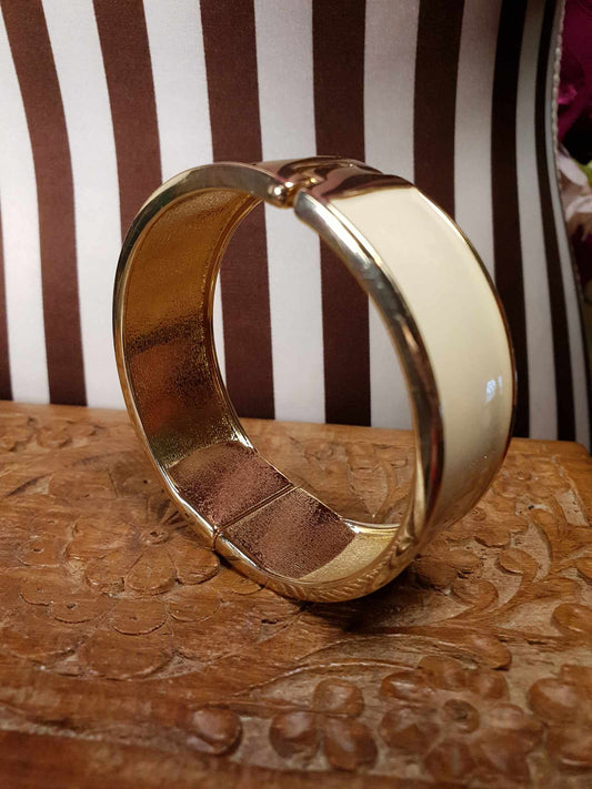 Vintage Cream Enamel Bangle Bracelet 1980s Gold Tone