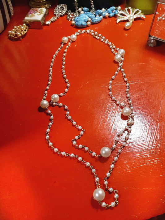Vintage 1980s White Faux Pearl Necklace 46" Long