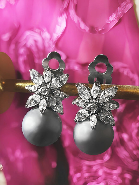 Vintage Grey Pearl Earrings Rhinestone Flower Clip Ons 1980s