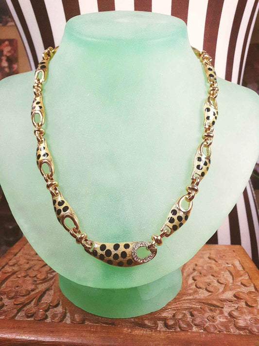 Vintage Leopard Print Rhinestone Necklace Choker 17" Gold Tone Retro