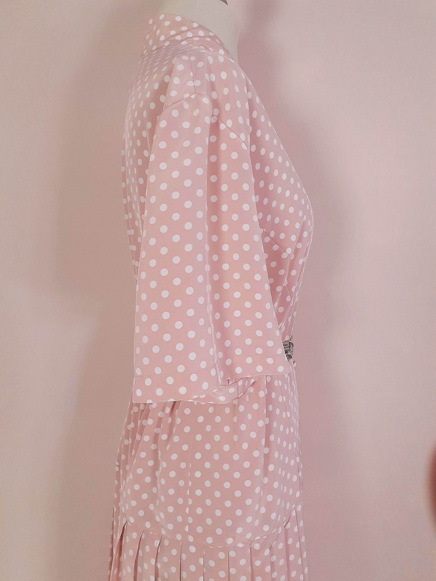 Vintage 1980s Pink Pleated Dress Midi Polka Dot Retro