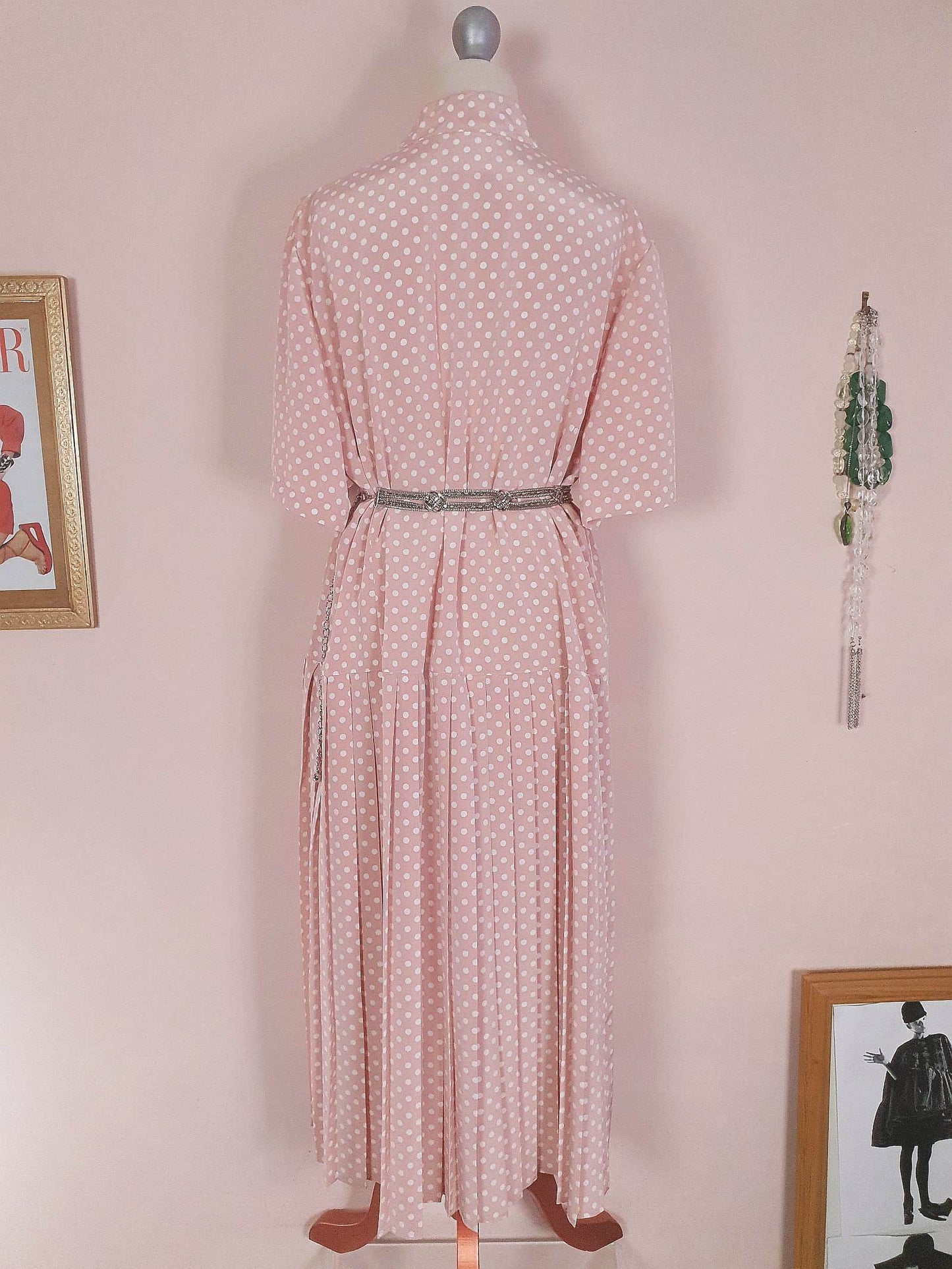 Vintage 1980s Pink Pleated Dress Midi Polka Dot Retro
