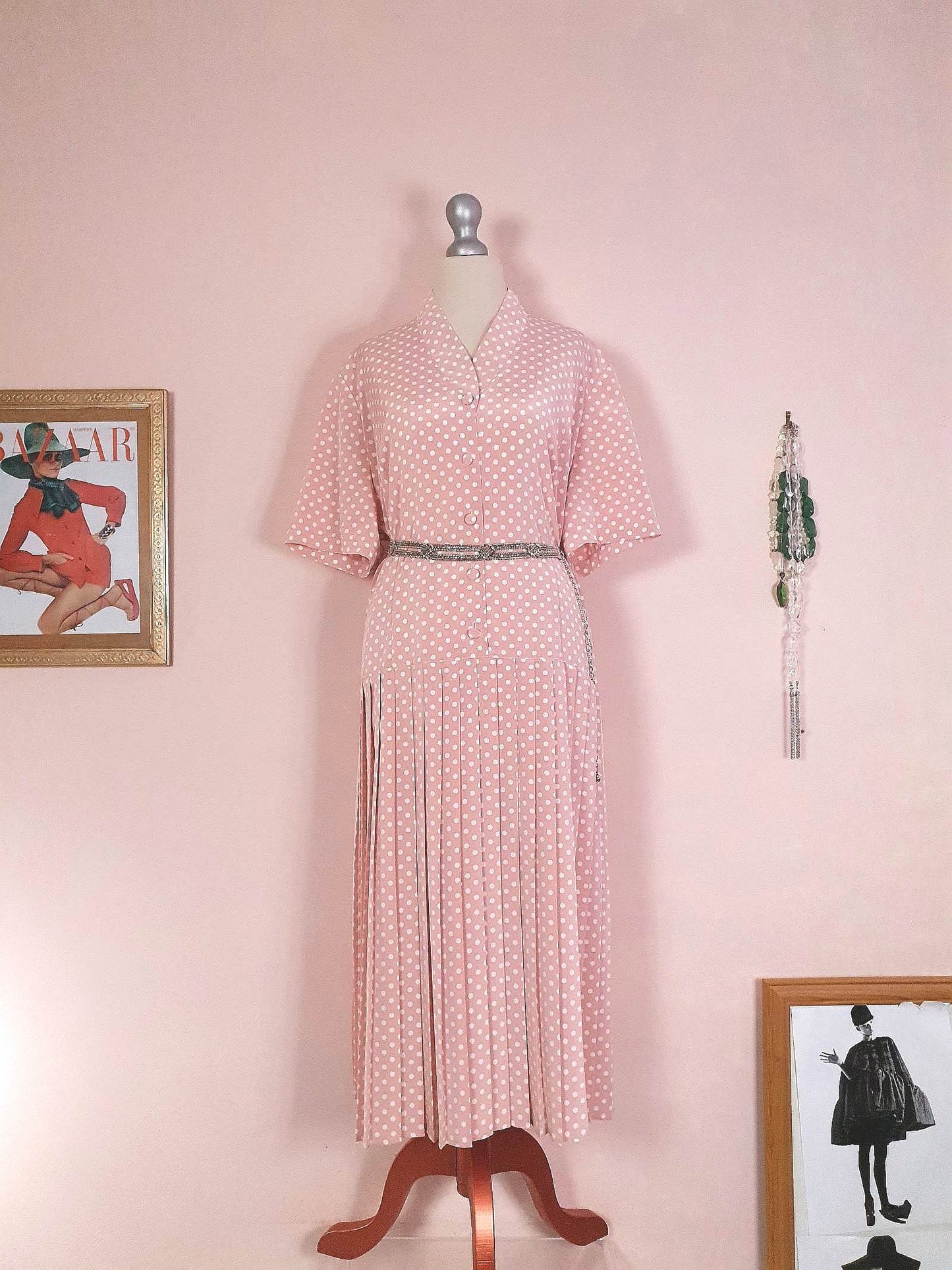 Vintage 1980s Pink Pleated Dress Midi Polka Dot Retro