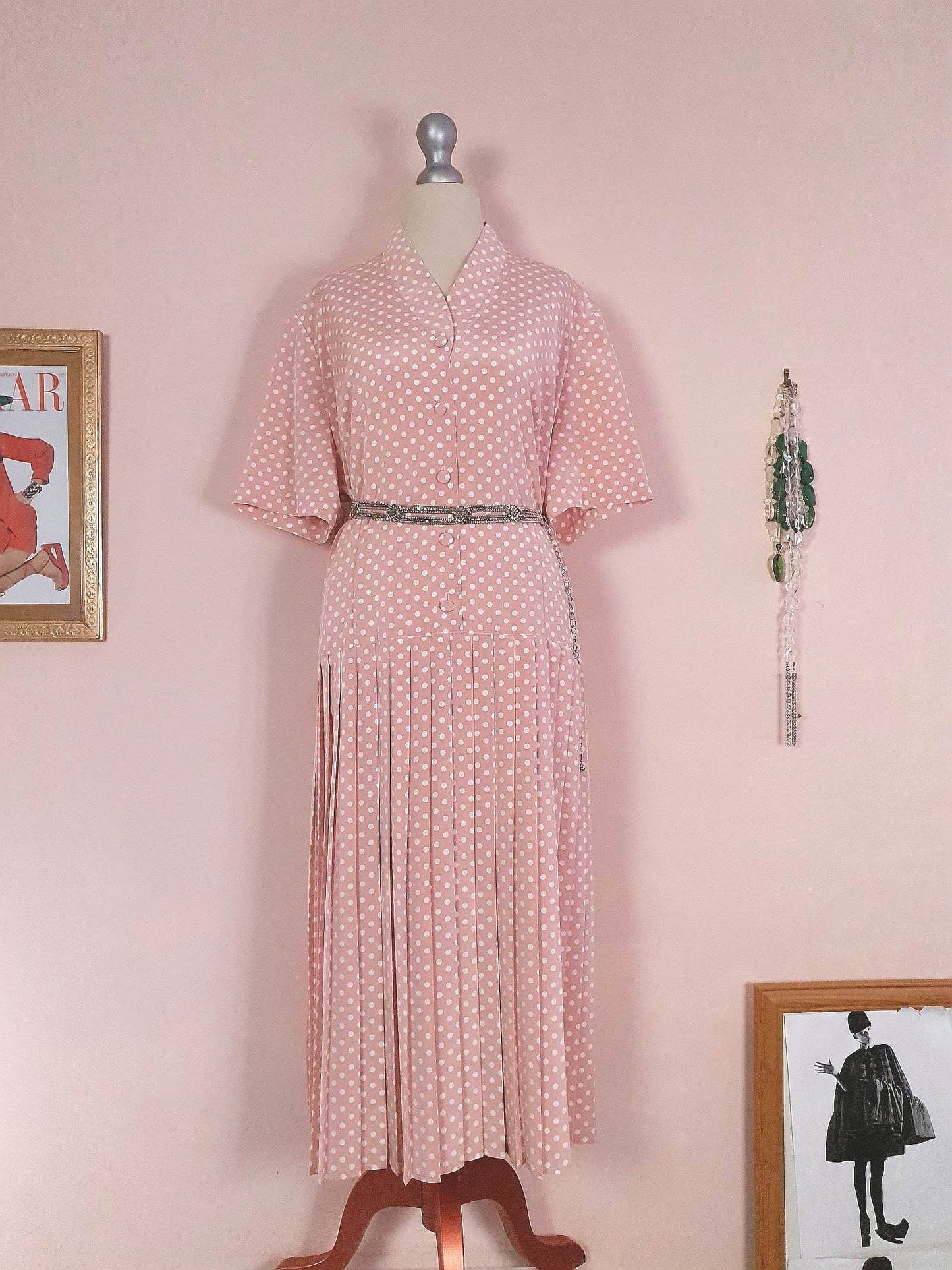 Vintage 1980s Pink Pleated Dress Midi Polka Dot Retro