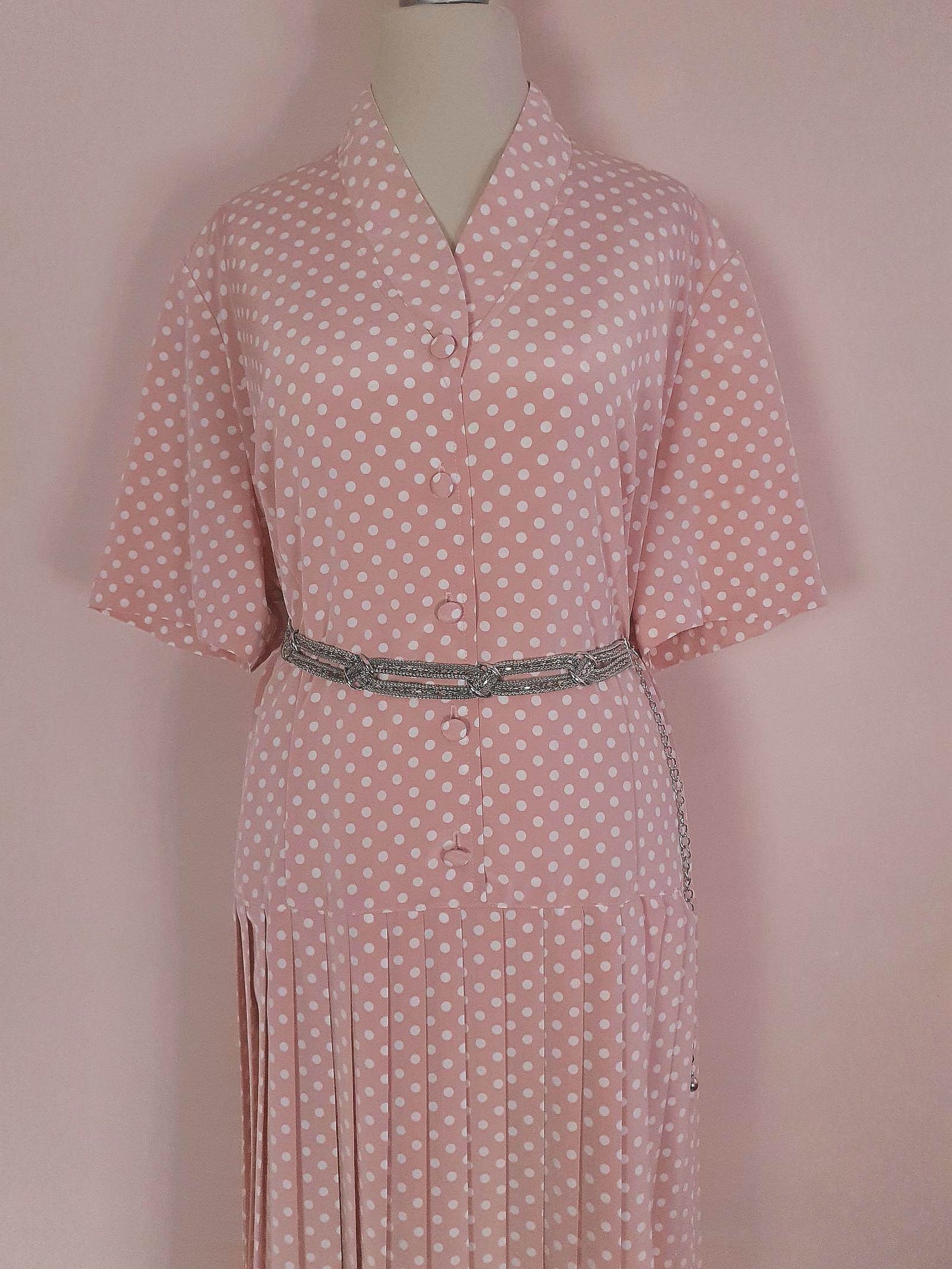 Vintage 1980s Pink Pleated Dress Midi Polka Dot Retro