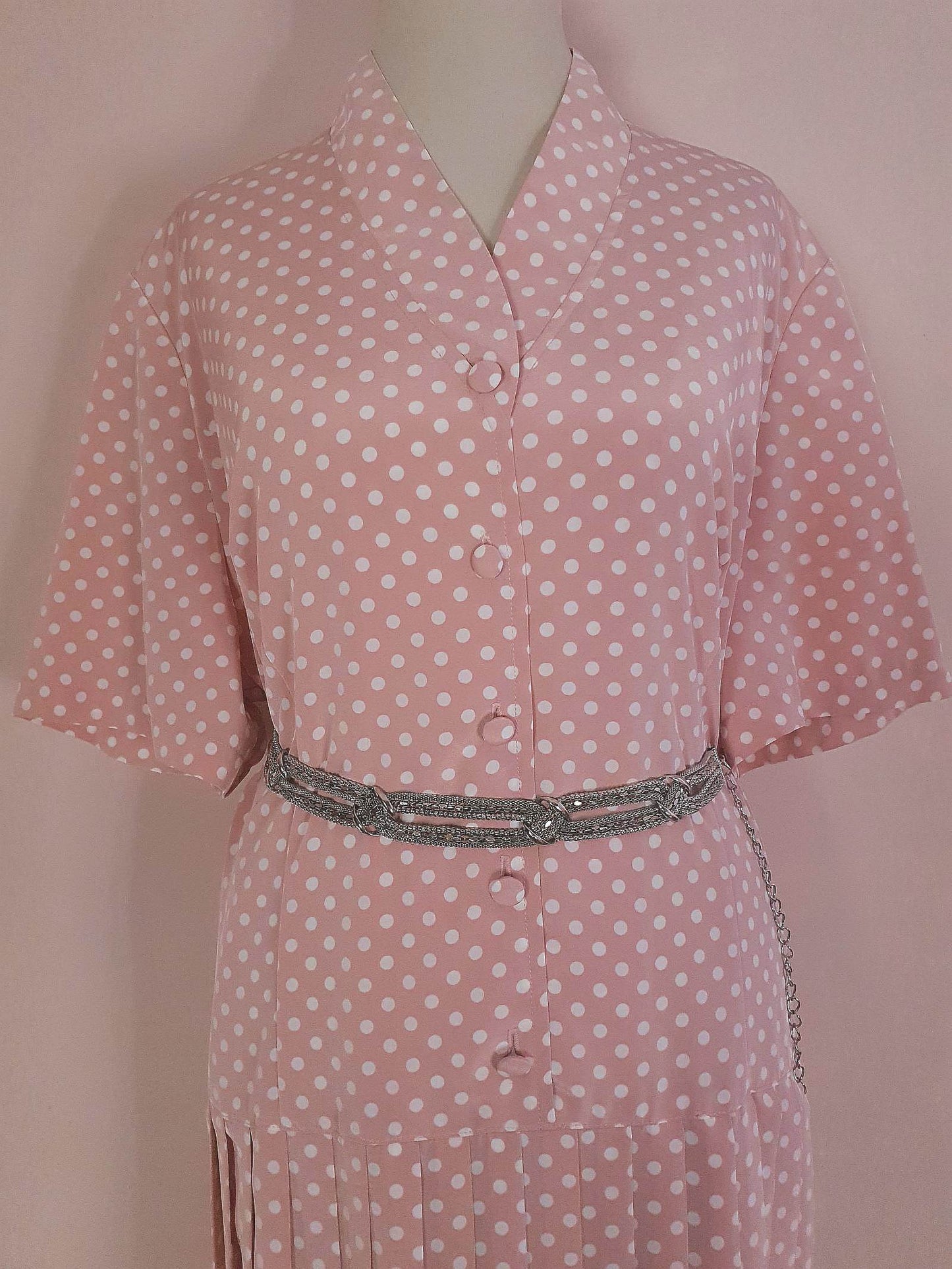 Vintage 1980s Pink Pleated Dress Midi Polka Dot Retro