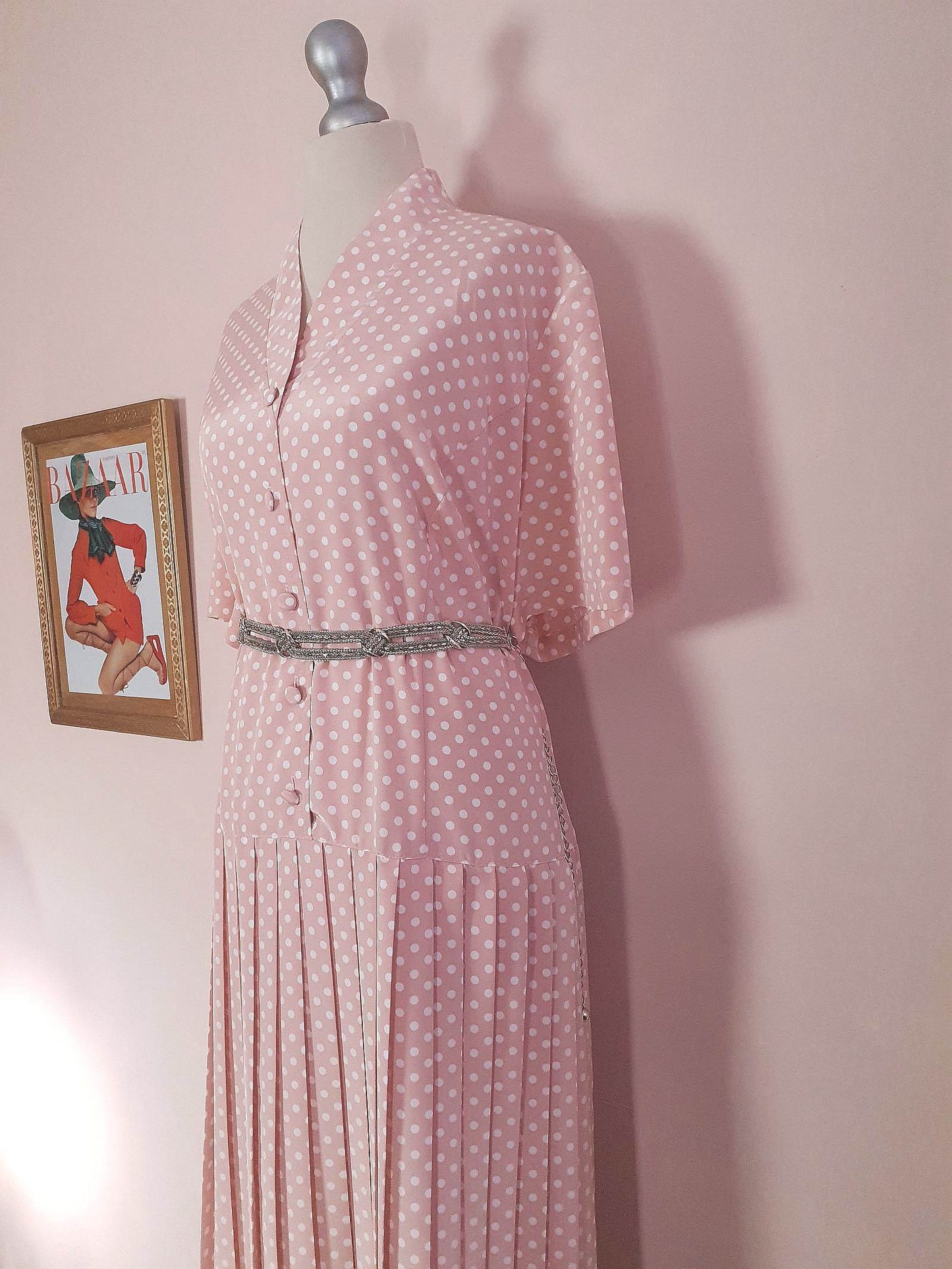 Vintage 1980s Pink Pleated Dress Midi Polka Dot Retro