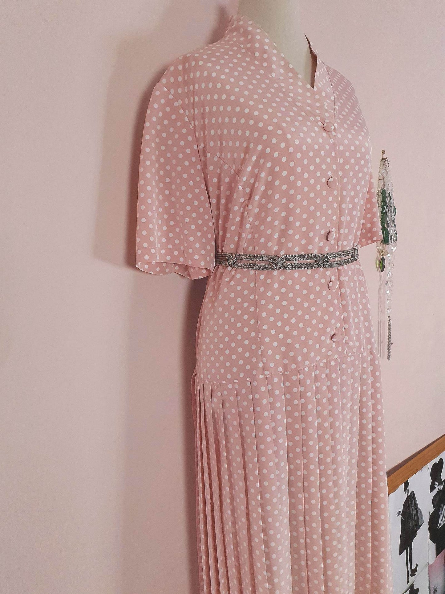 Vintage 1980s Pink Pleated Dress Midi Polka Dot Retro