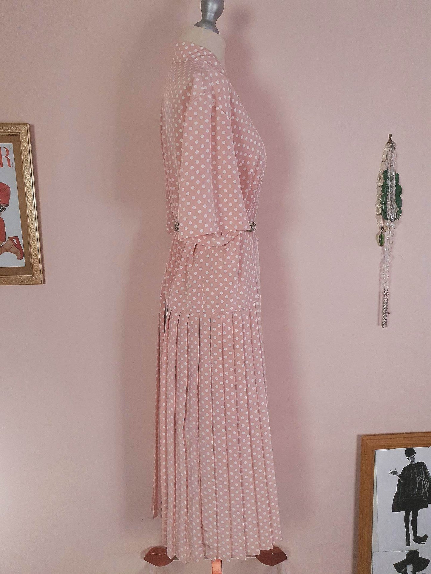 Vintage 1980s Pink Pleated Dress Midi Polka Dot Retro