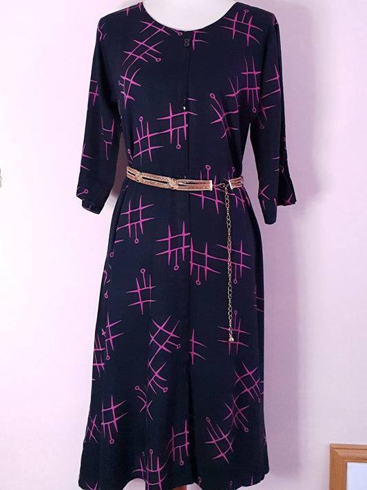 Pre-Loved 1980s Navy and Cerise Geometric Print Dress - Size 16