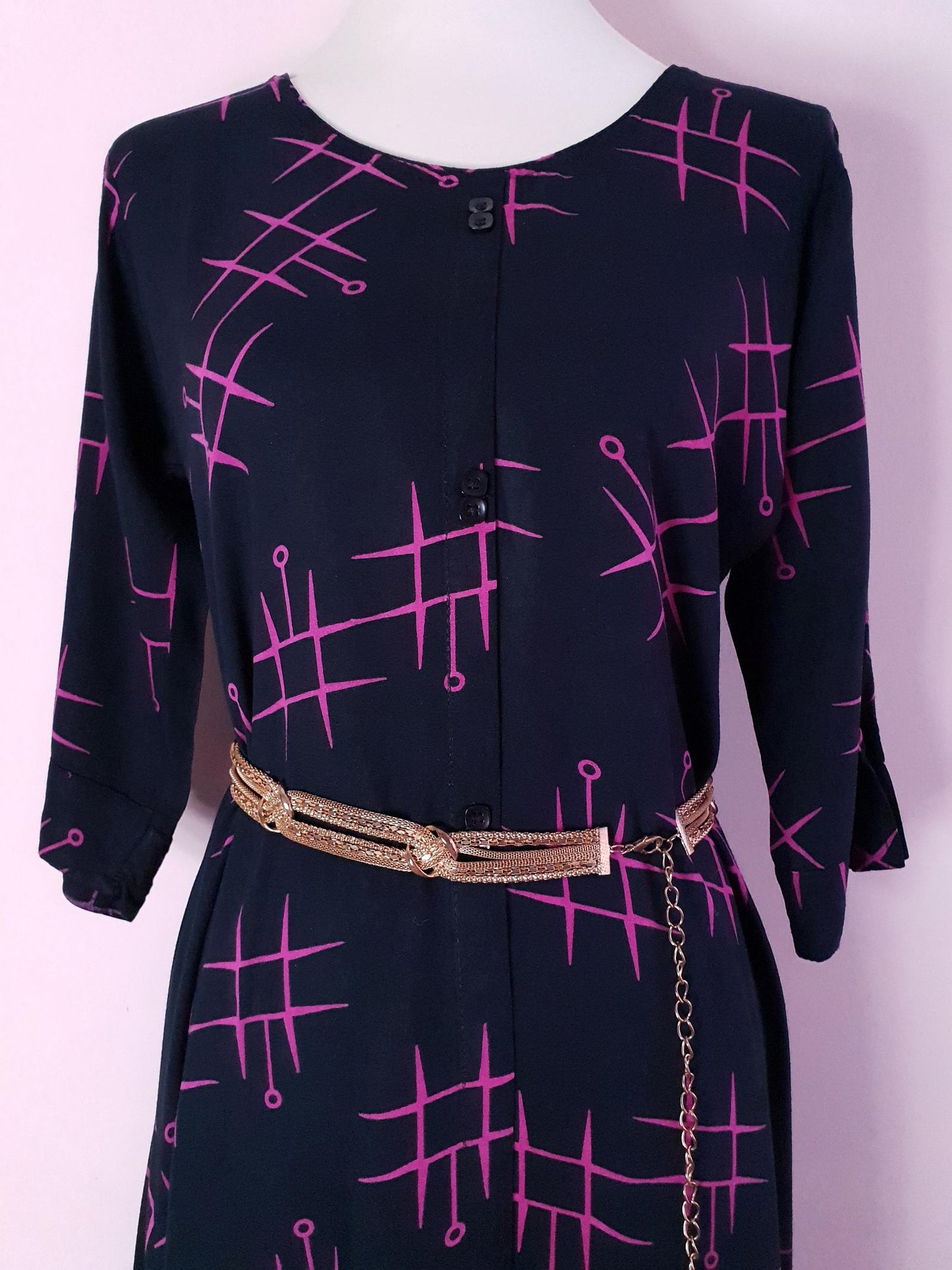 Pre-Loved 1980s Navy and Cerise Geometric Print Dress - Size 16