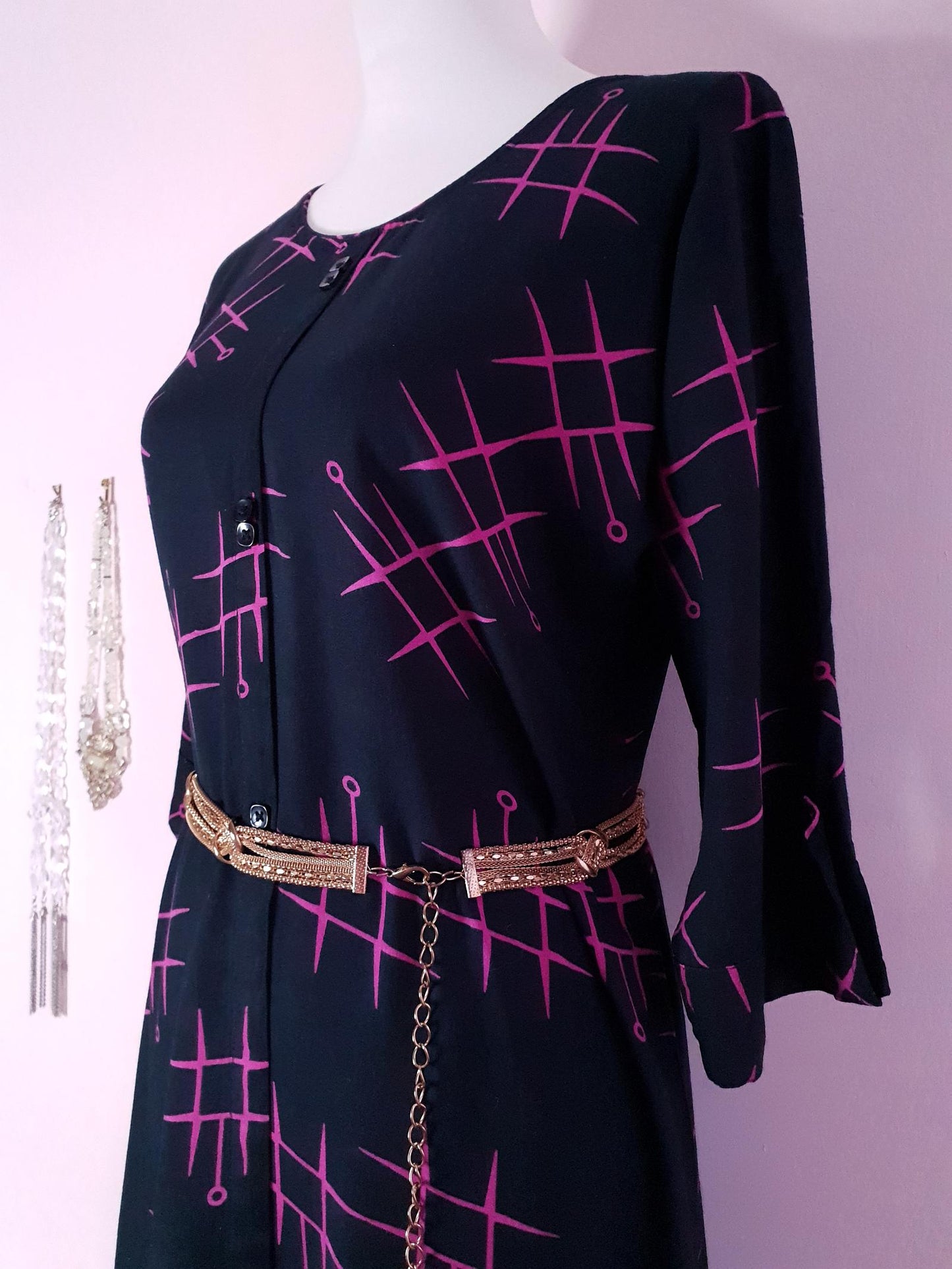 Pre-Loved 1980s Navy and Cerise Geometric Print Dress - Size 16