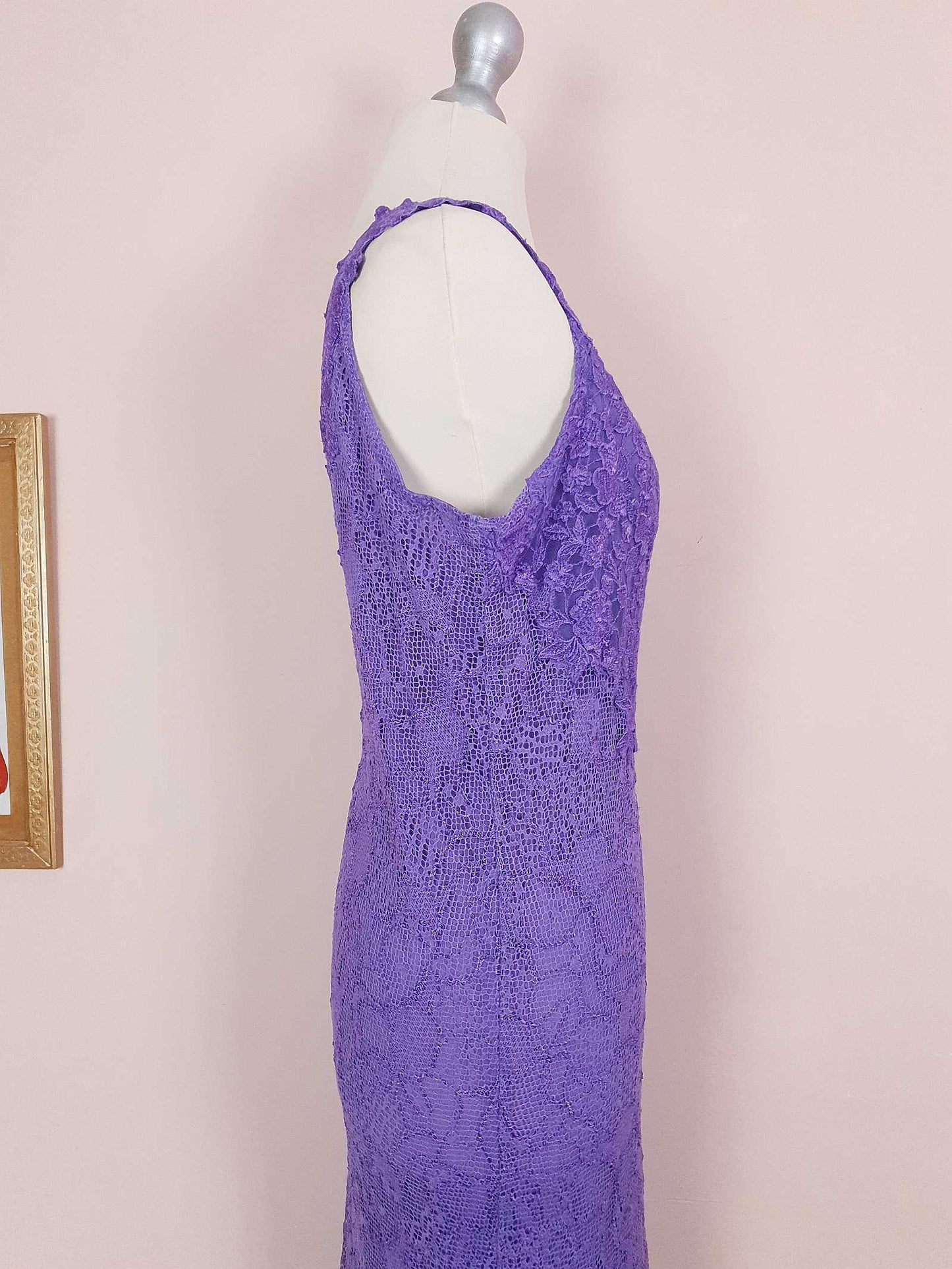 Vintage 1980s Purple Lace Dress Suit Jacket Lilac Cocktail Evening Maxi - Size 14 - 16