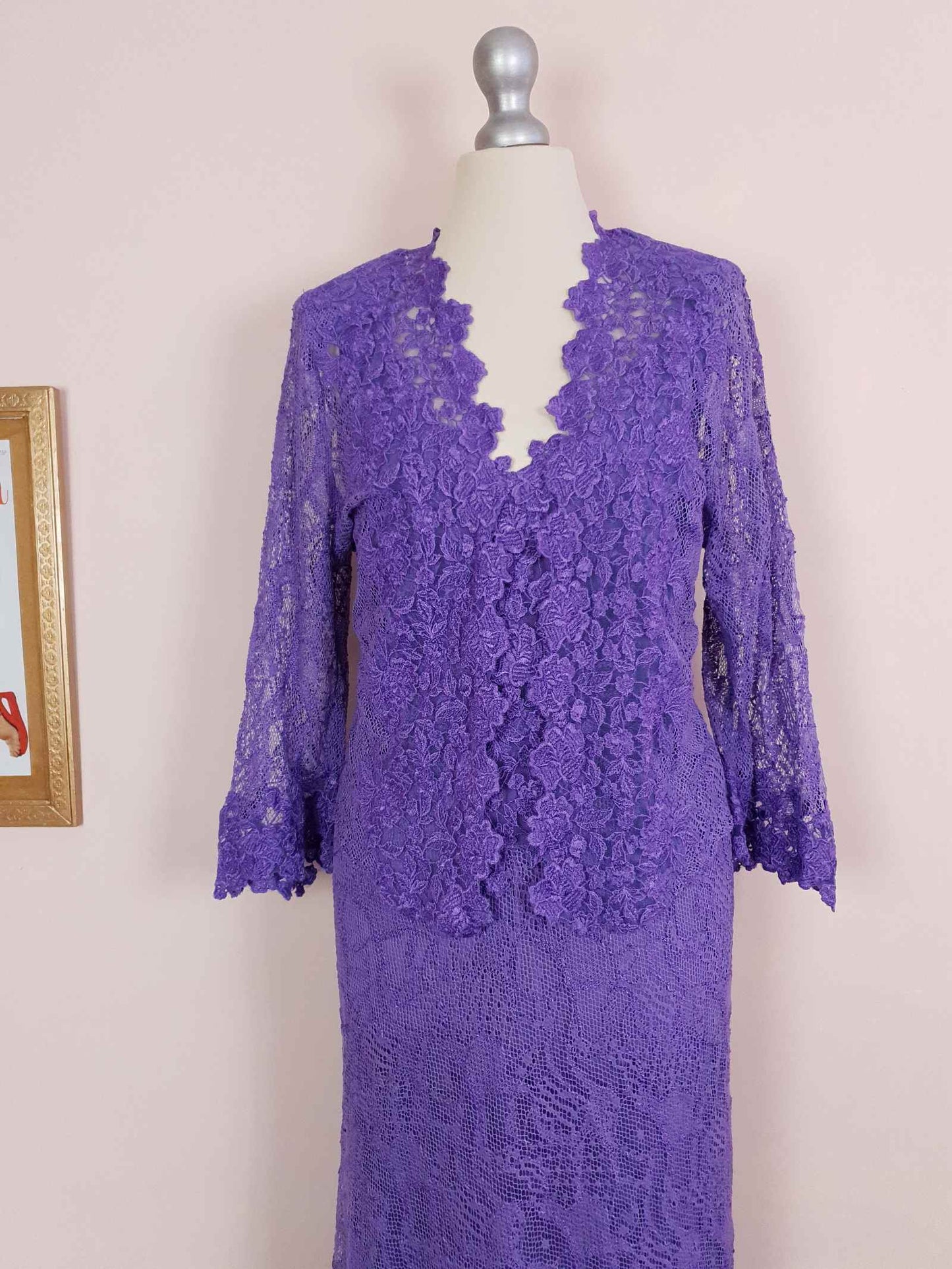Vintage 1980s Purple Lace Dress Suit Jacket Lilac Cocktail Evening Maxi - Size 14 - 16