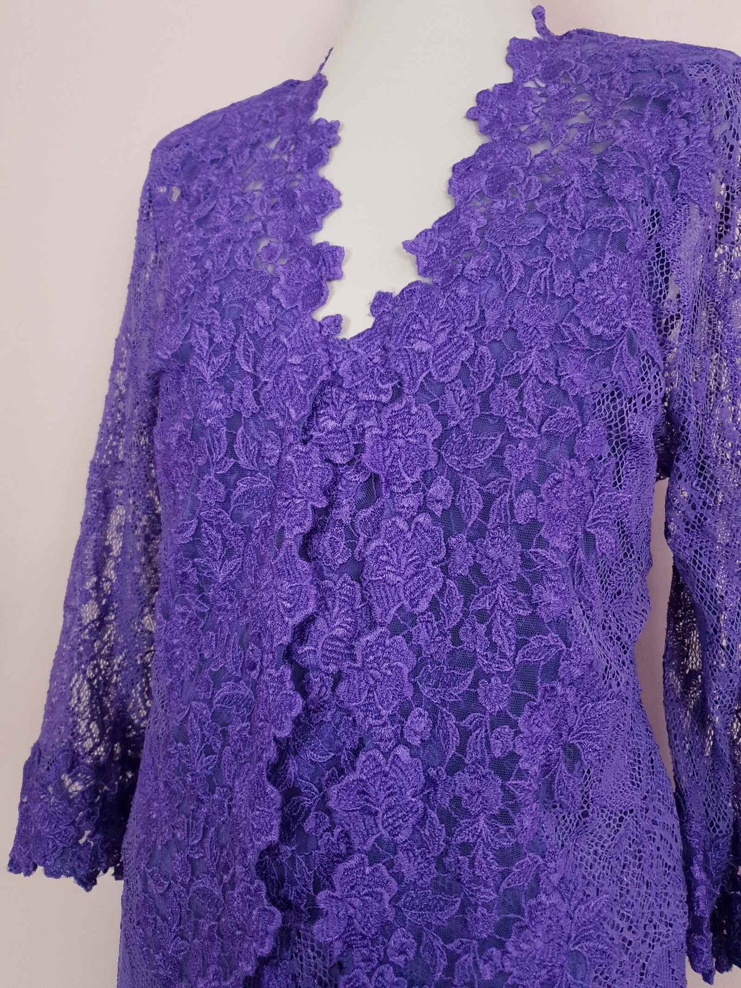 Vintage 1980s Purple Lace Dress Suit Jacket Lilac Cocktail Evening Maxi - Size 14 - 16
