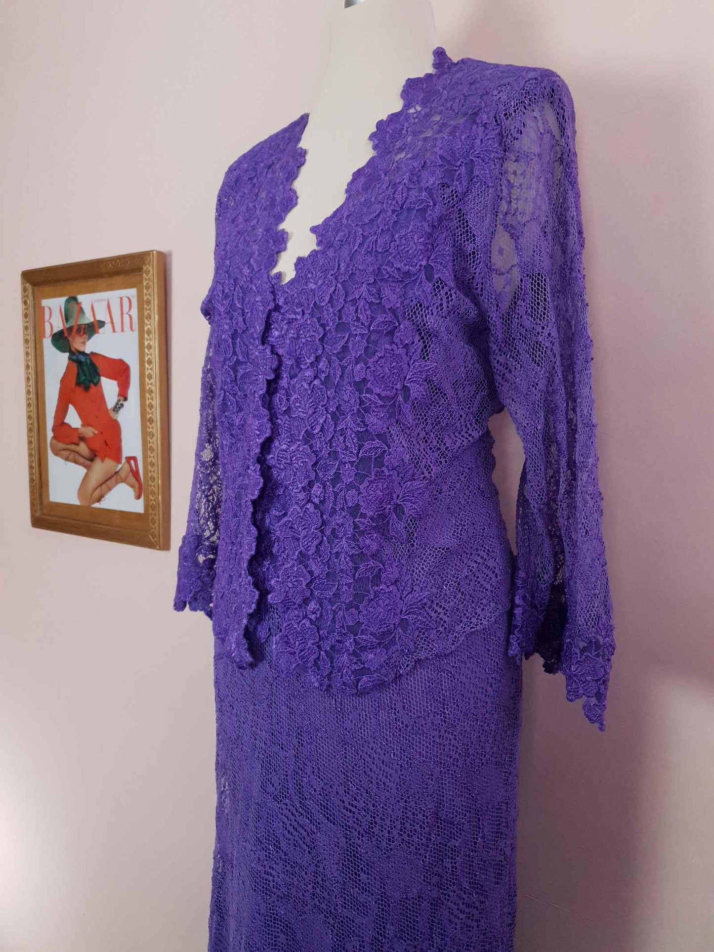 Vintage 1980s Purple Lace Dress Suit Jacket Lilac Cocktail Evening Maxi - Size 14 - 16